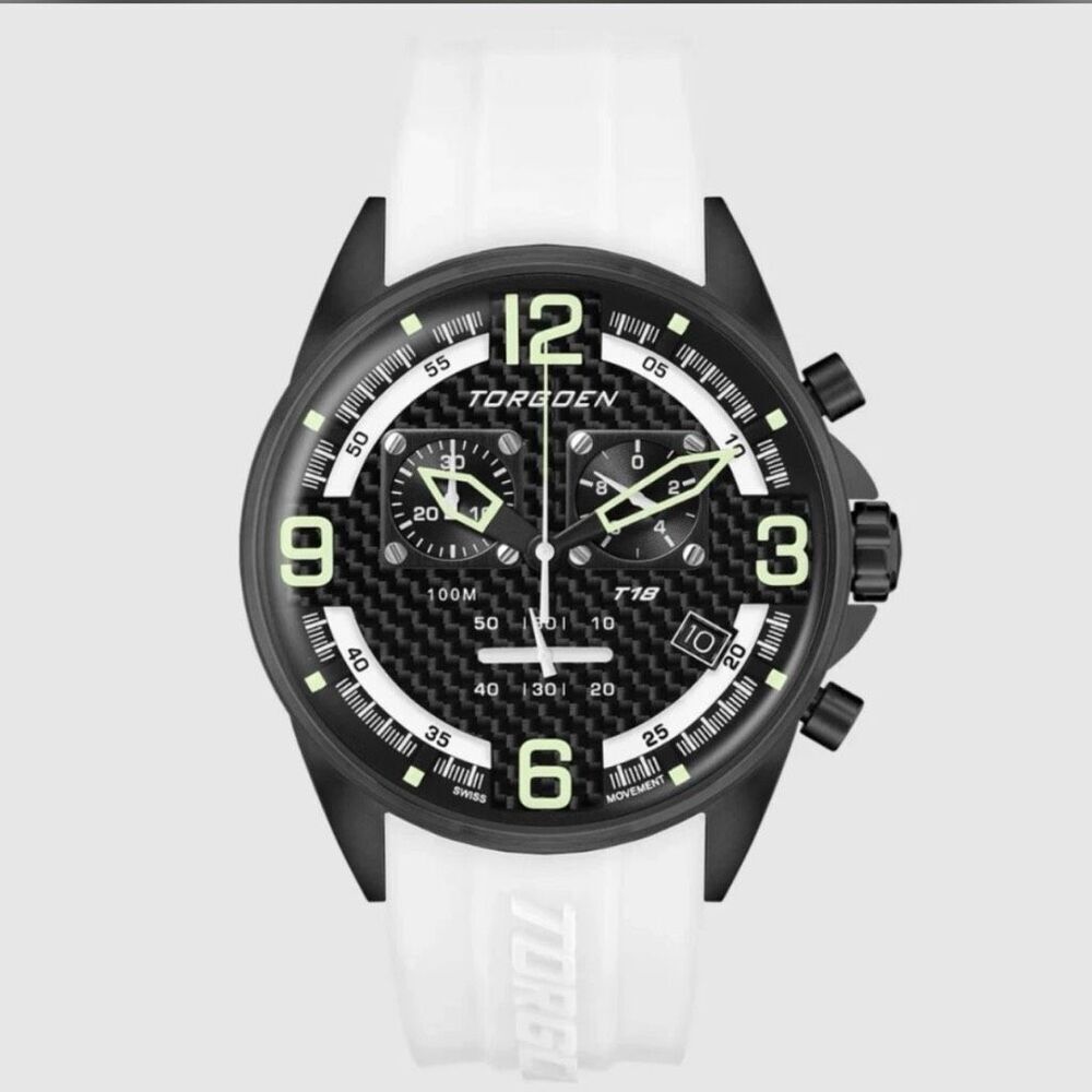 Torgoen TN-1222 T18 Watch White Carbon Fiber 45mm Silicone Strap Multidial NWT